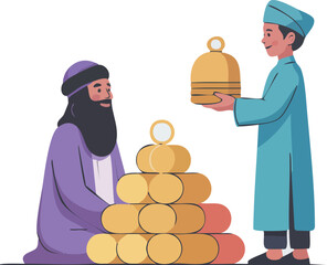 Flat vector illustration of men distributing traditional food, representing charity, hospitality, and cultural generosity.
