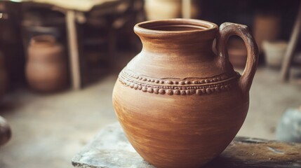 A beautifully crafted earthenware jug sits on a textured surface displaying its unique clay patterns and handle