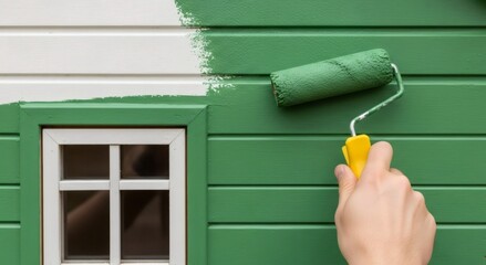 Caucasian man painting wooden house siding with green paint roller. Home improvement and maintenance concept for house renovation.