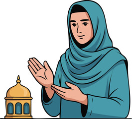 Vector illustration of a Muslim woman praying, symbolizing faith, devotion, spirituality, and inner peace.
