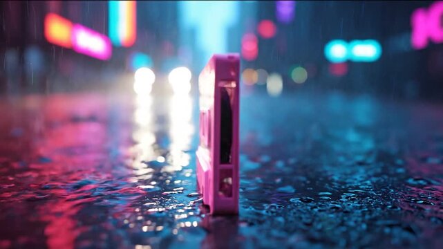 Neon Pink Cassette Tape in a Futuristic Cityscape with Reflections.