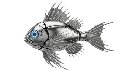 Mechanical fish with blue eyes isolated on white background