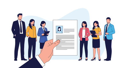 Large hand holding a job application resume in front of a diverse group of professional candidates waiting for an interview.