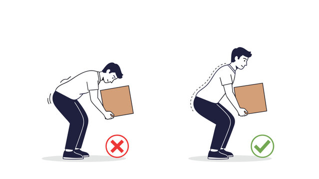 Educational illustration demonstrating the correct and incorrect body postures for safely lifting a heavy cardboard box.