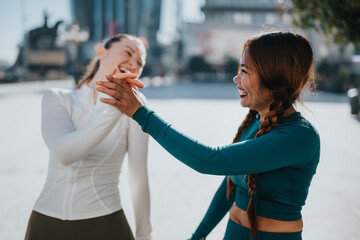 Obraz premium Two women in athletic outfits share a high-five on a sunny city street. They smile and celebrate friendship and teamwork in an urban, outdoor scene.