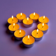 Obraz premium A warm romantic heart shaped arrangement of lit tealight candles placed on a pink background. Generative AI.