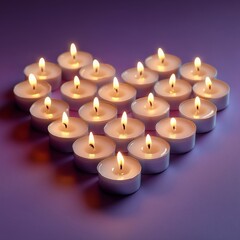 Obraz premium A warm romantic heart shaped arrangement of lit tealight candles placed on a purple background. Generative AI.