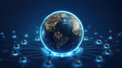 Fototapeta premium Futuristic Digital Globe with Connected Nodes Representing Global Technology and Information Exchange