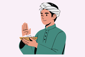 Vector illustration of a Muslim man praying with raised hands, symbolizing devotion, faith, hope, and spiritual worship.
