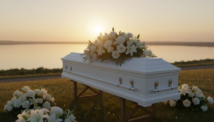 White coffin with a floral arrangement on a stand near a lake at sunset. Funeral service ceremony for burial concept.