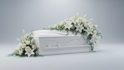 White coffin adorned with funeral flowers. Emotive imagery representing loss, remembrance, and memorial service. Symbol of grief and peace for loved one.