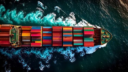 Top-down aerial view of a cargo ship deck loaded with colorful shipping containers, surrounded by deep blue ocean water for logistics industry.
 - Powered by Adobe