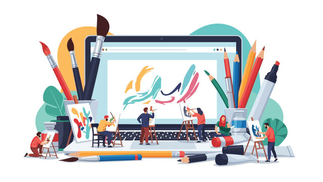 Imaginative illustration of tiny artists painting creative masterpieces on a large digital laptop screen surrounded by art supplies.