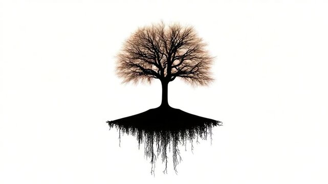 A silhouetted tree with bare branches and inverted roots, set against a stark white background