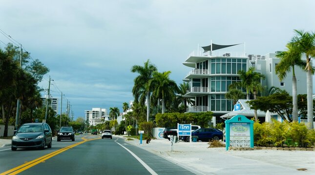 Siesta Key Beach, Florida, U.S - Jan 3, 2026 - The Inn on Siesta Key offers vintage-style cottage accommodations at 515 Beach Road, just steps from the public beach