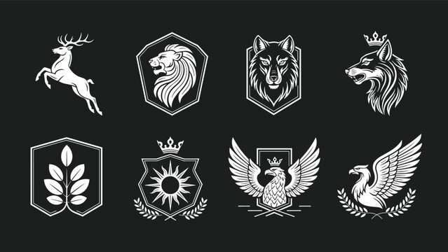 Collection of elegant heraldic emblems and crests featuring animals like a deer, lion, wolf, and eagle on a black background.