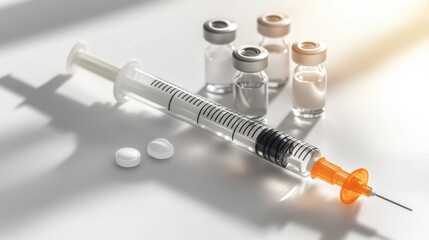 A close up of a medical syringe and several vials containing clear liquid on a white surface