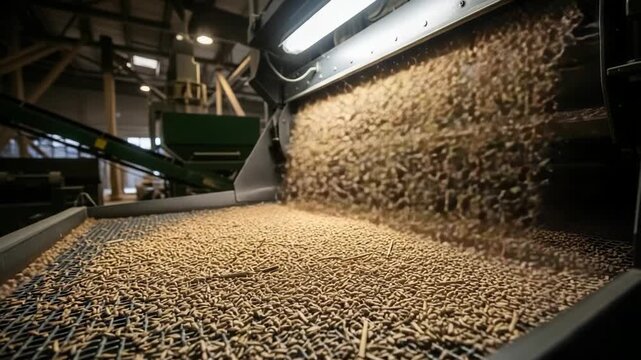 Grain pours into a large machine in a mill while workers manage the process during the day
