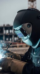 Male welder working with metal, sparks flying. Industrial job of a professional craftsman. Concept for heavy industry and construction.