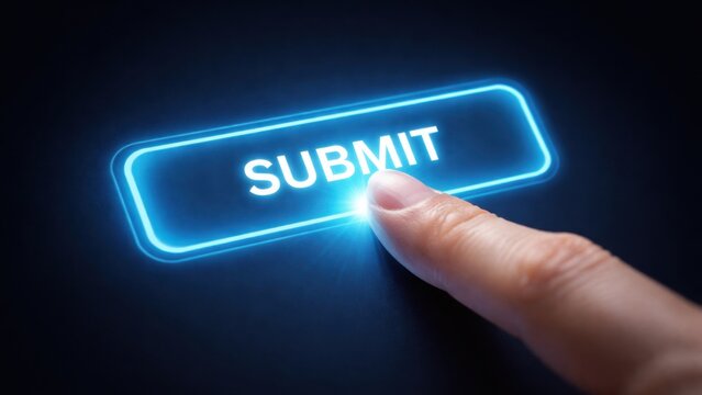 A finger pressing a glowing "SUBMIT" button on a dark interface.