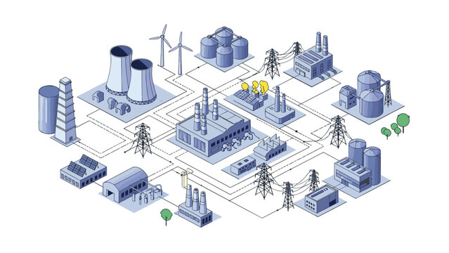 Detailed isometric map of a large industrial power plant complex featuring factories, silos, transmission towers, and warehouses.