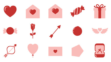Valentine's Day Icons: Hearts, Gifts, Envelopes, Rose, Ring, Candy, Balloon, Wings