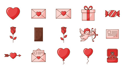 Valentine's Day Icons: Hearts, Roses, Cupid, Gifts, Envelopes, Chocolate, Ring