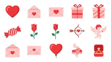 Valentine's Day Icons: Hearts, Roses, Gifts, Love Letter, Cupid, Ring, Candy