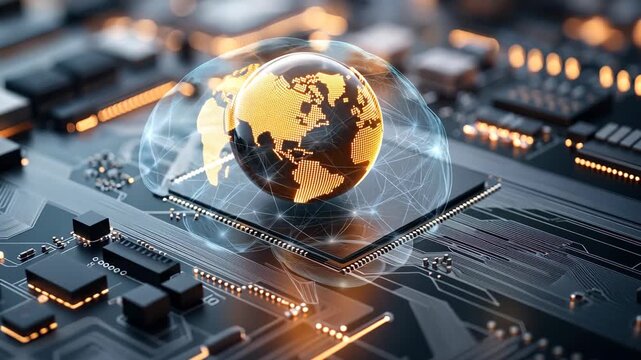 A visual journey showing the globe and brain on digital circuits, highlighting connections in a technology-based environment