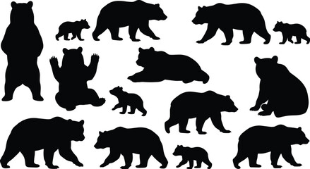 Bear Silhouettes Collection Showing Adult Bears and Cubs in Walking Sitting and Standing Poses for Wildlife Nature, Forest Animals and Conservation Design Illustration © parves's world