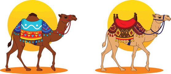 Two cartoon dromedary camels with decorative saddles and yellow sun backgrounds animal