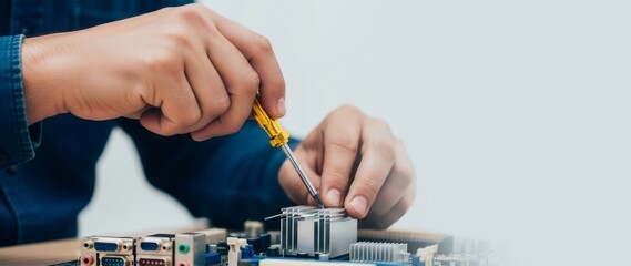 Man repairing electronic circuit board with screwdriver. Computer hardware maintenance and assembly concept. Technician fixing digital device.
