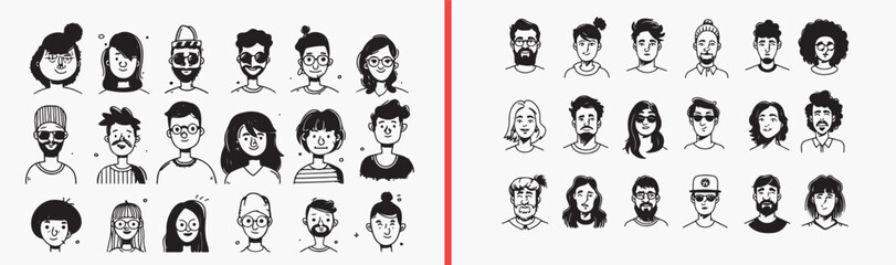 Family Portrait Faces Illustration Set, Hand Drawn Character Collection Art, Diverse People Sketch Design Vector, Cute Cartoon Family Clipart Bundle, Simple Face Doodle Graphics Stock, Minimalist Char