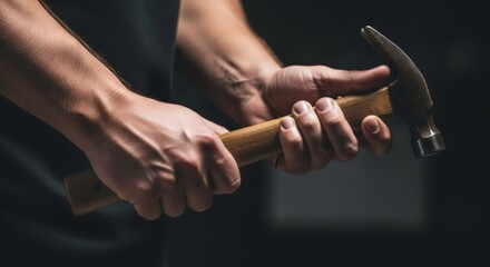 Male hands gripping claw hammer. Tool for construction work, home improvement, or carpentry. Building and repair concept.