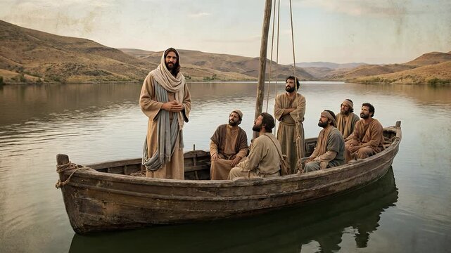 Jesus Christ Standing in Wooden Boat Preaching to Disciples on Calm Sea of Galilee Water with Hills Background Depicting Biblical Ministry Teaching Scene in New Testament History