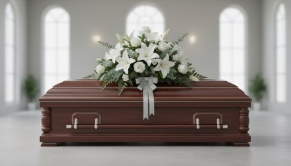 Wooden casket with white lily and rose funeral flower arrangement and silver ribbon in a chapel. Sympathy and memorial service.