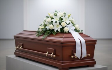 Wooden coffin adorned with white flowers and ribbon on a grey stand. Funerary arrangement for funeral service and memorial ceremony.