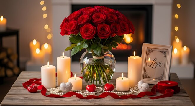 Luxury Valentine&rsquo;s Day Interior Decor: Romantic Red Roses, Candlelight Glow, and Love-Themed Ornaments in a Warm Intimate Setting