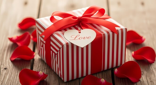 Elegant Valentine&rsquo;s Day Gift Box: Red Ribbon Wrapped Present with Heart Tag and Rose Petals on a Rustic Wooden Background