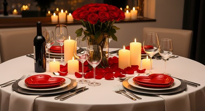Romantic Candlelit Valentine&rsquo;s Day Dinner: Elegant Table Setting with Red Roses Centerpiece, Fine China, and Intimate Holiday Ambiance