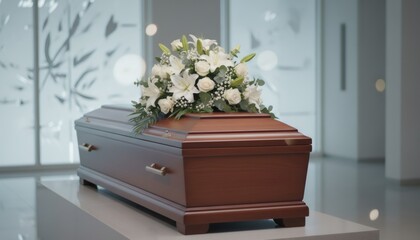 Wooden coffin adorned with white flowers. Funeral and burial service element, concept of death remembrance and sad ceremony for a passing.