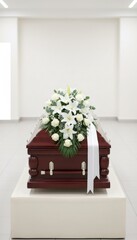 Brown coffin with white flowers on top. Funeral service and mourning event. Concept for memorial, death, and remembrance.