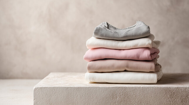 Stack of folded pastel colored clothes on a textured surface against a neutral wall backdrop image