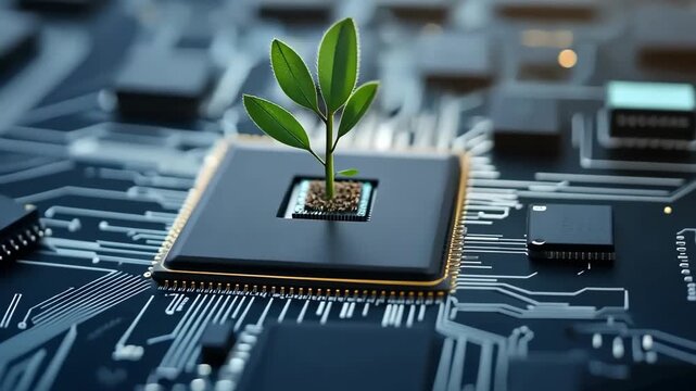 Plants are seen growing from computer chips in a creative area. This mixes nature and technology in an interesting way