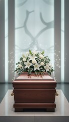 Wooden coffin adorned with white flowers. Funeral ceremony and memorial service concept. Elegant tribute for remembrance and respect.