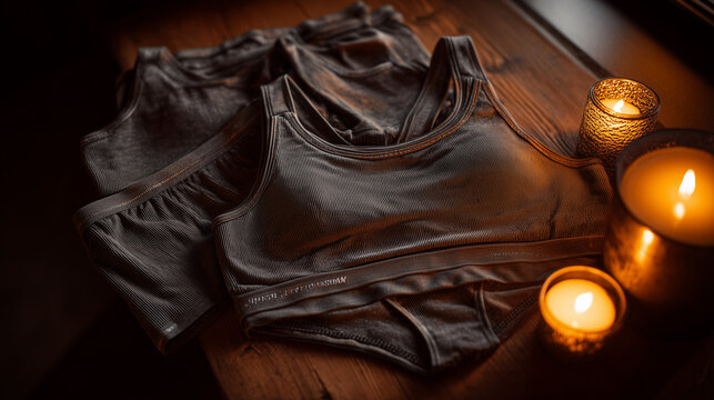 Still life of dark lingerie set with bra and underwear next to burning candles on wooden surface