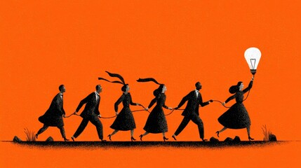 Group of professionally dressed individuals following a leader holding a bright illuminating symbol against a vibrant background