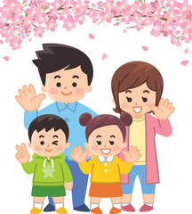 桜と春服を着た親子