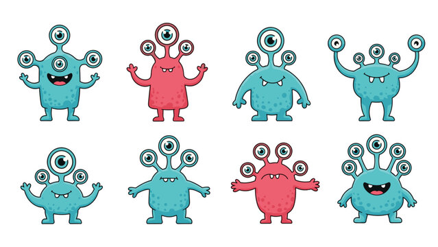 Friendly three-eyed alien monster characters in various colors and poses featuring multiple arms and expressive faces for children themes.