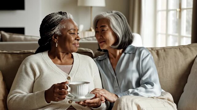 Elderly diverse women sharing a moment of companionship on a sofa. Senior friends smiling and connecting over tea at home. Relaxation and affection concept